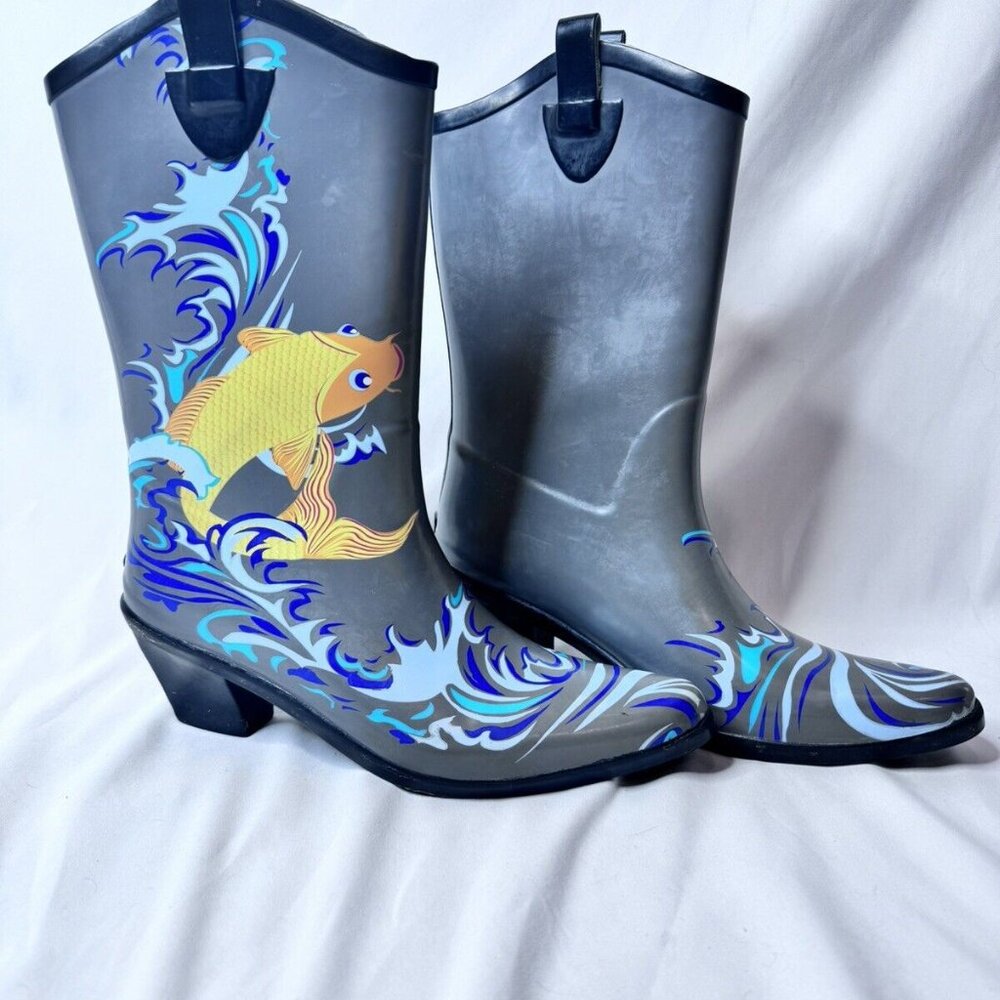 Women’s Dav Rain boots Koy Fish Cowboy Size 9 - Picture 2 of 10